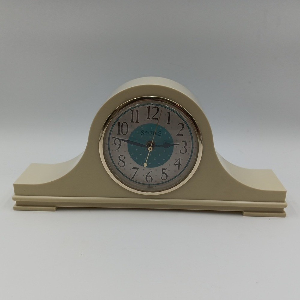 VTG Spartus Beige Mantle Clock #5228 Plastic USA‎ WORKS 14x6.5" Retro MCM